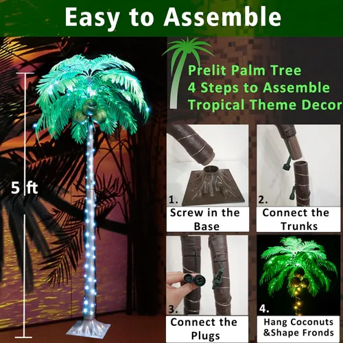Miniatura 7 de Palmeras iluminadas de 5 pies con control remoto, 35 colores cambiantes, palmeras artificiales iluminadas con cocos, palmera tropical para piscina