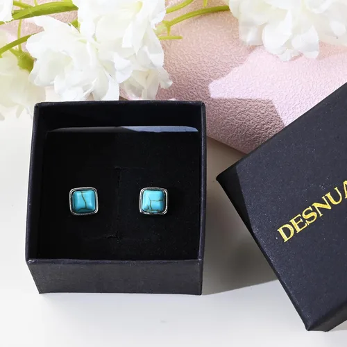 Miniatura 26 de Tibetan Turquoise Earrings 925 Sterling Silver Post Stud Boho Gemstone Hypoallergenic Handmade Earrings for Women Trendy Fashion