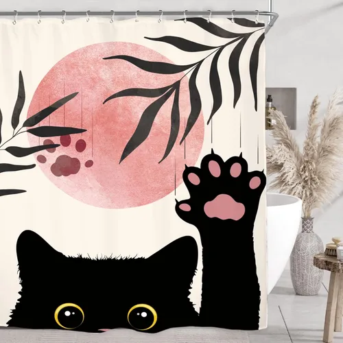 Miyotaa Juego de cortina de ducha abstracta divertida con diseño de gato, 60 pulgadas de ancho x 71 pulgadas de alto, color negro, rosa, lindo,