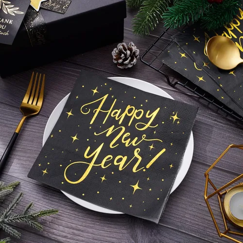 Miniatura 5 de Waline - 80 servilletas de papel desechables de papel de Año Nuevo, color negro y dorado, servilletas de cena para Nochevieja, suministros de fiesta