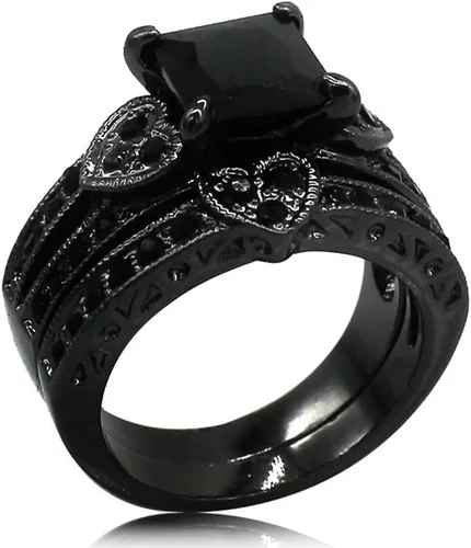 Miniatura 2 de Juego de anillos nupciales de compromiso de boda en forma de corazón de corte princesa rodio negro