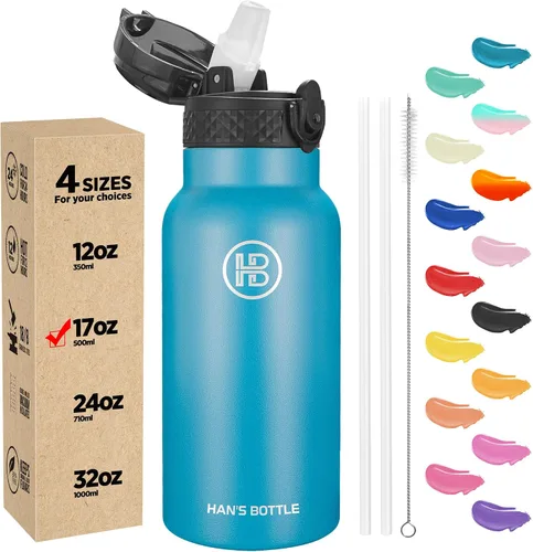 Miniatura 57 de Han's Bottle - Botella de agua para niños con tapa con pajilla - Vaso reutilizable de acero inoxidable aislado para niñas, niños, taza termo, 17