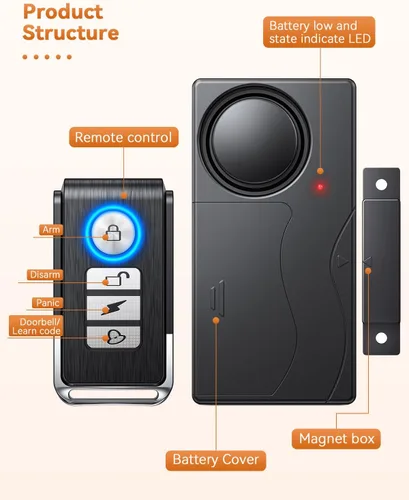 Miniatura 8 de WSDCAM Alarma de puerta cuando se abre la puerta, inalámbrica de 110 dB antirrobo con control remoto, timbres de puerta, alarmas de seguridad Negro