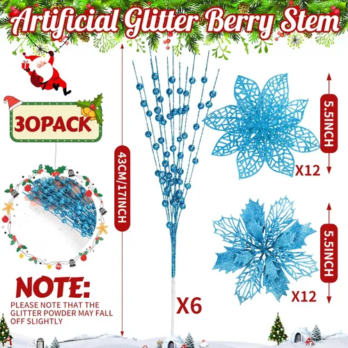 Miniatura 2 de OCTERIC - 30 piezas de flores artificiales de Pascua con purpurina, ramas con bayas para árbol de Navidad, adornos de árbol de Navidad con clips