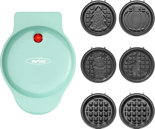 Sunvivi Mini waflera de 4 pulgadas: waflera 6 en 1 con Juego de 6 platos antiadherentes extraíbles (Santa Claus, Árbol de Navidad, Bruja y
