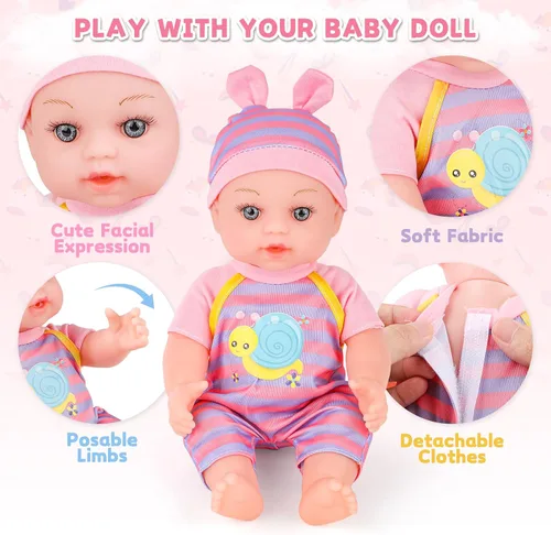 Miniatura 4 de deAO Juego de cochecito de muñeca de bebé de 12 pulgadas con cochecito de muñeca plegable, 15 piezas, accesorios para muñecas de bebé para niños