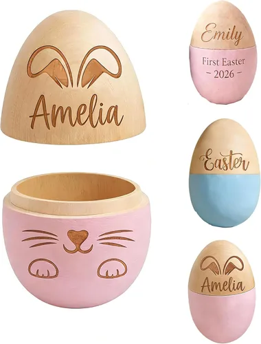 Artsadd Huevo de Pascua de madera personalizado – Huevo de madera grabado con láser personalizado para niños y niños pequeños, relleno de cesta de