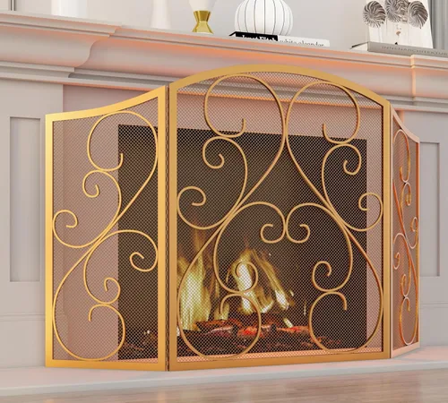 Miniatura 8 de Fire Beauty Pantalla de Chimenea de 3 Paneles de Hierro Forjado Metálico 48"(L) x 30"(H) Protector contra Chispas (Acabado Dorado)