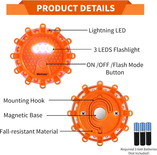 Miniatura 3 de Paquete de 6 luces LED de emergencia para automóvil, base magnética y gancho para luces de carretera con 9 modos intermitentes, luces de emergencia
