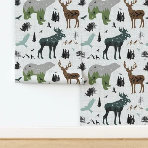 Miniatura 4 de Spoonflower Papel tapiz para despegar y pegar, diseño de animales del bosque ártico, bosque, montañas de Alaska, aventura, oso, alce, papel tapiz