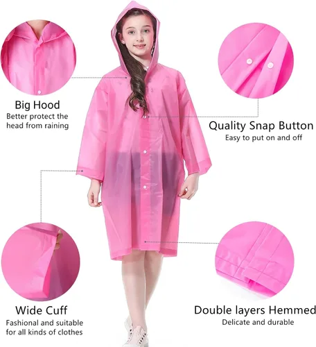 Miniatura 4 de Poncho de lluvia para niños Impermeable, Paquete de 2-5 Abrigos de lluvia reutilizables de EVA para niños y niñas de 6-14 años, Equipo de chaquetas
