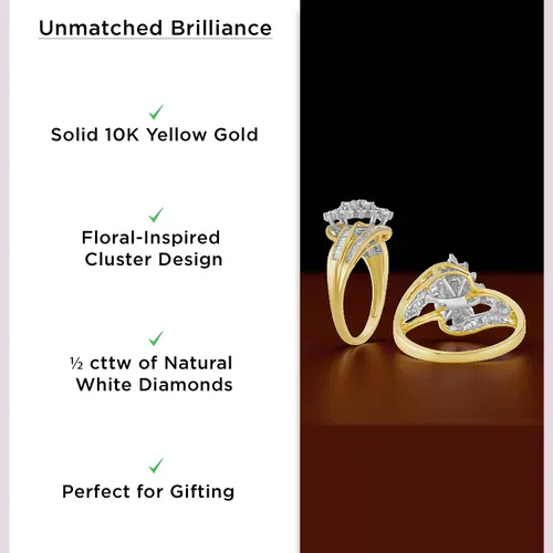 Miniatura 4 de Anillo de oro amarillo de 10 quilates de Jewelili con diamantes blancos naturales redondos y de corte baguette de 12 CTW para mujeres Joyería fina