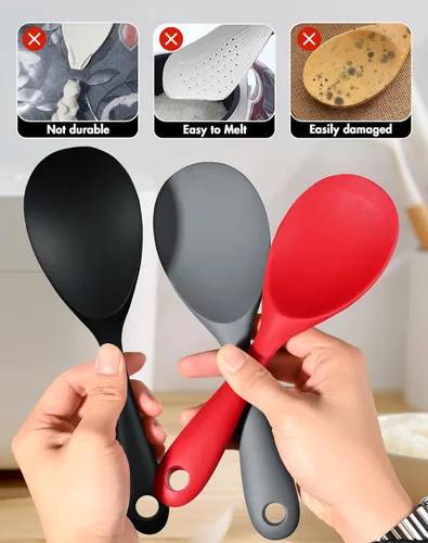 Miniatura 3 de FireKylin 2 piezas paleta de arroz de silicona, cuchara espátula antiadherente para arroz, cuchara para arrocera resistente al calor (negro)