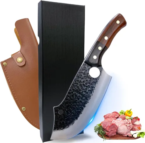 Cortador de carne para cortar carne, picador profesional de huesos con funda, cuchillo de chef vikingo con mango de espiga completa, cuchillo de