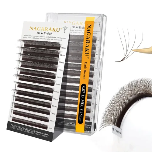 Miniatura 369 de NAGARAKU Extensiones de pestañas Double Tips 4D W, suministros con puntas dobles, gruesas con rizado D de 0.07 mm, bandeja mixta 8-15 mm, 0.07-D