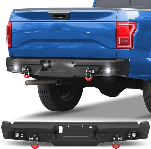 Miniatura 10 de Parachoques trasero F150 con anillos en D, luces LED, orificios de sensor, placa escalonada de acero inoxidable, parachoques trasero para Ford F150