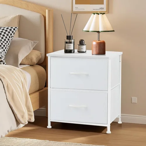 Miniatura 2 de Mesita de noche, pequeña cómoda de 2 cajones mesa auxiliar muebles de cabecera, contenedores de tela con superficie de madera para dormitorio, Blanco