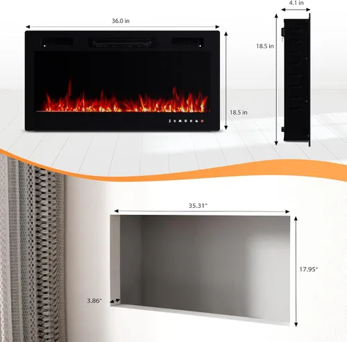 Miniatura 6 de ROVSUN Chimenea eléctrica de 36 pulgadas, 2 en 1 ultrafina montada en la pared y empotrada con control remoto y aplicación, calentador de pared