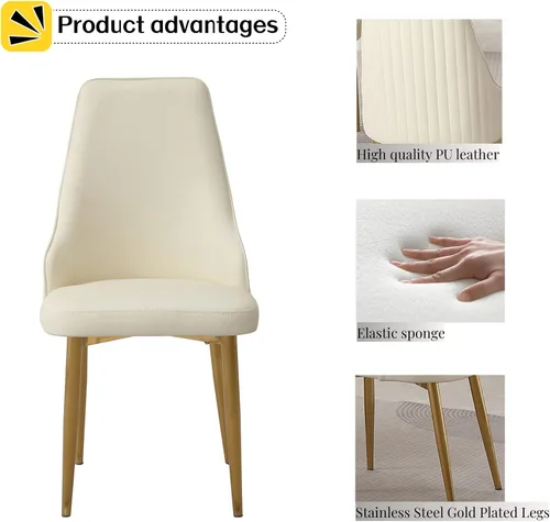 Miniatura 3 de Montary Juego de 2 sillas de comedor, modernas sillas de piel sintética color blanco crema con patas de metal dorado y respaldo ergonómico para sala