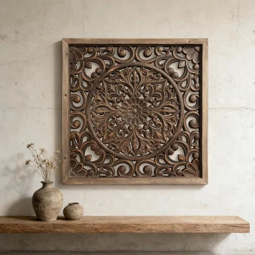 Miniatura 6 de XIAOAIKA Escultura de pared de madera tallada bohemia, intrincado diseño floral de mandala con acabado marrón envejecido, panel de arte de pared