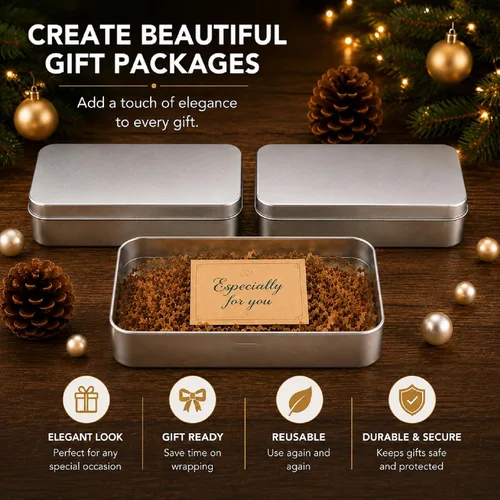 Miniatura 4 de Paquete de 8 cajas de latas de metal vacías con tapa, latas de galletas rectangulares de metal plateado para golosinas, regalos, regalos, velas