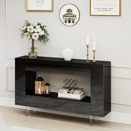 Miniatura 9 de Mesa de entrada de alto brillo con puertas abiertas, gabinete de consola moderno brillante con estante abierto para vestíbulo, sala de estar