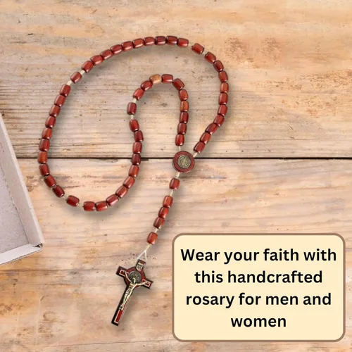 Miniatura 2 de Catholica Shop Rosario de cuentas de madera de San Benito para hombres y mujeres con crucifijo y medalla de San Benito. Hecho en Brasil