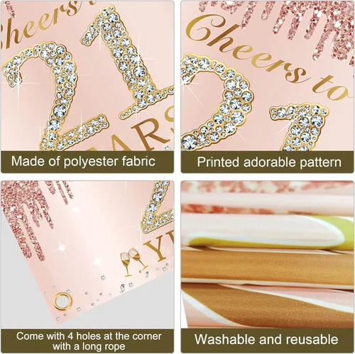 Miniatura 6 de Decoraciones grandes de cumpleaños de "Cheers to 21 años" para mujeres, pancarta de feliz cumpleaños de 21 años de oro rosa con texto en inglés