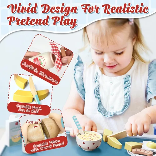 Miniatura 2 de Lehoo Castle Juego de comida de madera para jugar, pan de huevo de fruta Montessori, juguetes educativos para niños de 3 a 5 años, con bolsa
