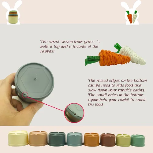 Miniatura 7 de KYHSOM 8 tazas apilables para conejos – 2 juguetes de conejo de rábano – diferentes tamaños y colores de tazas apilables reutilizables de conejo