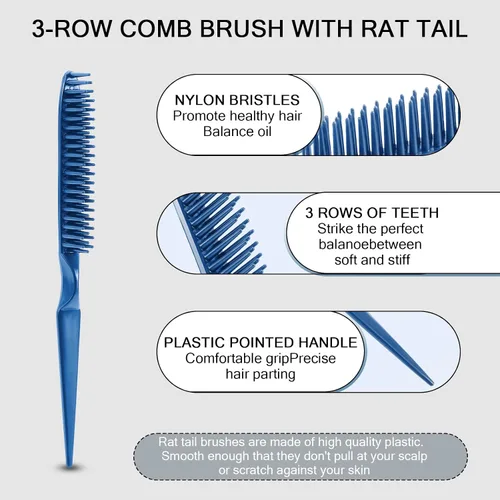 Miniatura 2 de SIMPOR Peine de pelo de 3 filas para desenredar natural, cepillo de peinado de pelo, cerdas de nailon, peine de cola de rata, para mujeres y Azul