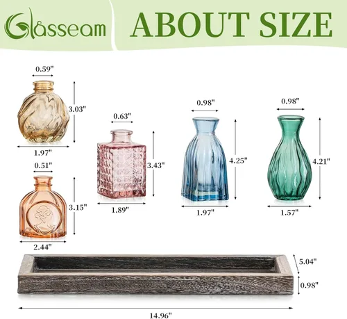 Miniatura 3 de Glasseam Jarrones de cristal para flor: 5 coloridos jarrones pequeños con bandeja de madera rústica para el hogar, oficina, sala de estar, baño