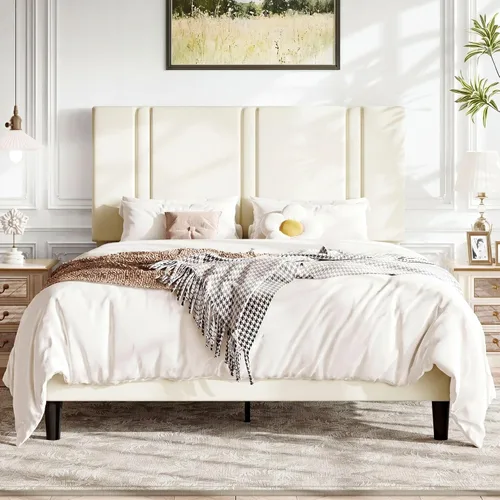 Miniatura 11 de Allewie Marco de cama de plataforma de tamaño matrimonial con cabecera ajustable, tapizado de terciopelo de felpa, canal vertical acolchonado, Negro