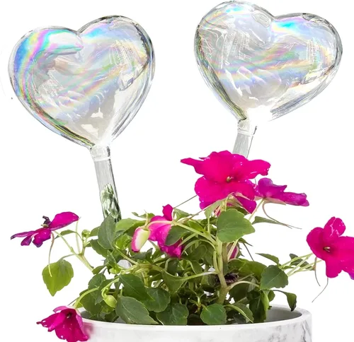 Kingbuy Picos de riego automático, globos de riego de plantas, de color iridiscente en forma de corazón, dispositivos de bombillas de agua de vidrio