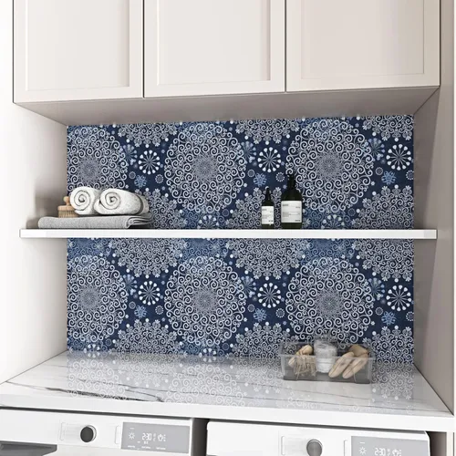 Miniatura 3 de ReWallpaper Papel tapiz azul y blanco de 17.5 pulgadas x 39 pies, papel de contacto floral bohemio para armarios, cajones, paredes, papel tapiz