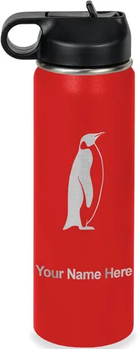 Miniatura 34 de LaserGram Botella de agua personalizada, pingüino, acero inoxidable de doble pared aislada al vacío con popote superior, regalo grabado