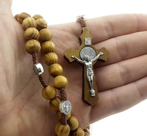 Miniatura 5 de Faith & Gospel Hertos - Collar con cuentas de madera para rosario, medalla de San Benito y cruz católica, cuerda de coronilla de oración religiosa