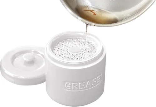 Fox Run Recipiente de grasa de tocino de porcelana con colador, contenedor de grasa blanco para cocina, 5 x 5 x 5.5 pulgadas