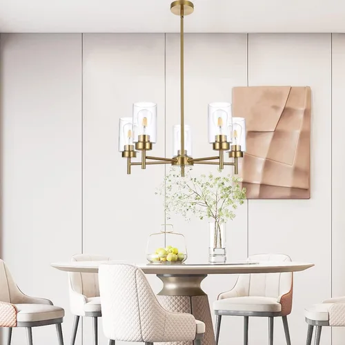 Miniatura 7 de Candelabro de granja de 5 luces para comedor, isla de cocina, modernos candelabros colgantes de latón cepillado con pantallas de vidrio transparente