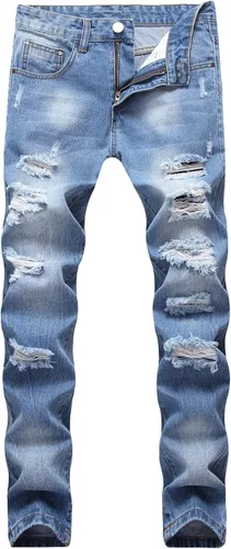 Enrica - Pantalones de mezclilla para hombre de corte recto, desgastado, lavados