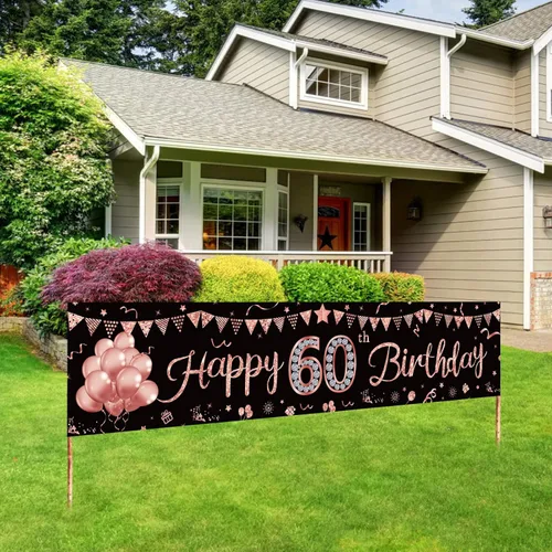 Cartel de feliz cumpleaños 60 para mujer, suministros de fiesta de cumpleaños de 60 años de oro rosa, decoración de fondo para interiores y