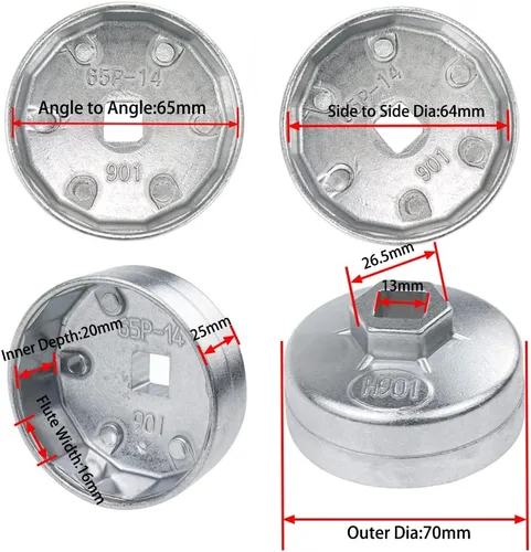 Miniatura 2 de Llave para tapa del filtro de aceite de 65 mm de diámetro interior en aleación de aluminio, 14 flautas