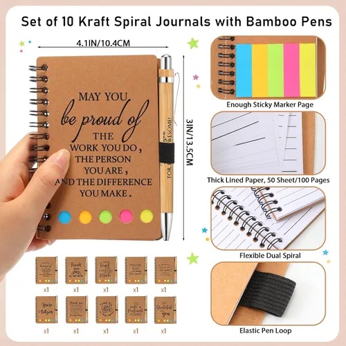 Miniatura 2 de Honoson Juego de 10 cuadernos inspiradores a granel con notas adhesivas y bolígrafo de bambú, regalos de agradecimiento para profesores, enfermeras