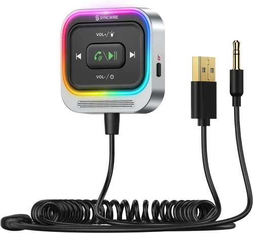 Syncwire Receptor Bluetooth 5.4 0.138 in Aux Adaptador de coche Receptor Bluetooth Kit de coche con cable en espiral [Cancelación de ruido de