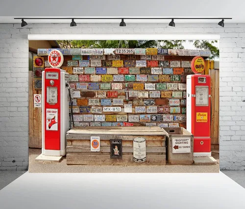 Miniatura 2 de Telón de fondo vintage de 5 x 3 pies para gasolinera retro para placa de matrícula de gasolinera Matel para fotografía, carretera occidental