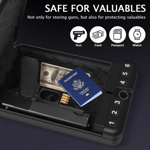 Miniatura 6 de Caja fuerte para armas pequeñas para pistolas, caja de seguridad biométrica para pistola con acceso al teclado digital de huellas dactilares, caja