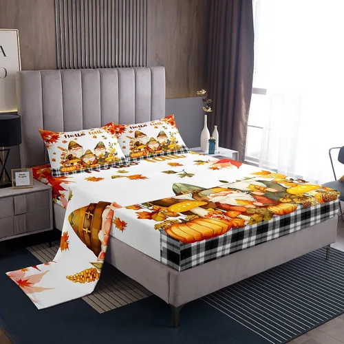 Miniatura 8 de Manfei Juego de sábanas de gnomos de otoño, tamaño individual, juego de ropa de cama de calabaza y girasol y hojas de arce para niños y niñas, juego