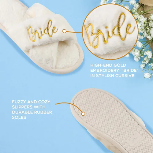 Miniatura 6 de Bride Slippers and Bridesmaid Slippers Bride Gifts for Bridal Shower, Bachelorette Party, Engagement Party, Wedding Day, etc. Cozy White Fur Bride