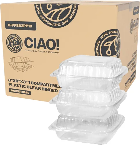 Miniatura 13 de CIAO! Contenedor blanco con bisagras MFPP de 9"x9"x3" con tapa 1 compartimento (caja de 150)