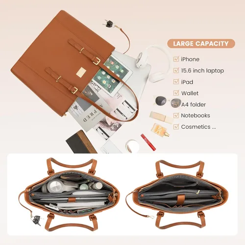 Miniatura 6 de Bolsa para laptop para mujer, bolso grande de oficina, maletín para hasta 15.6 pulgadas (versión actualizada), color marrón
